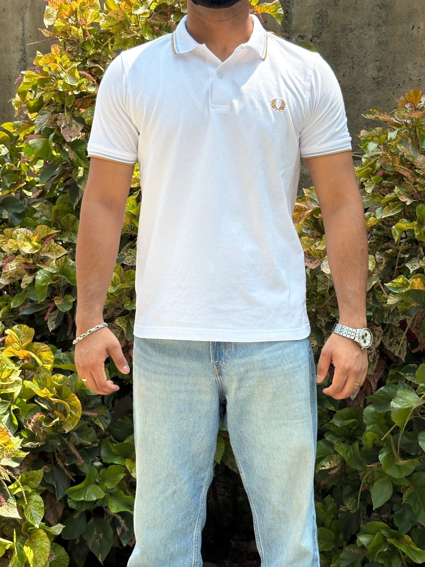 White Crest Polo – Gold & Sky Trim