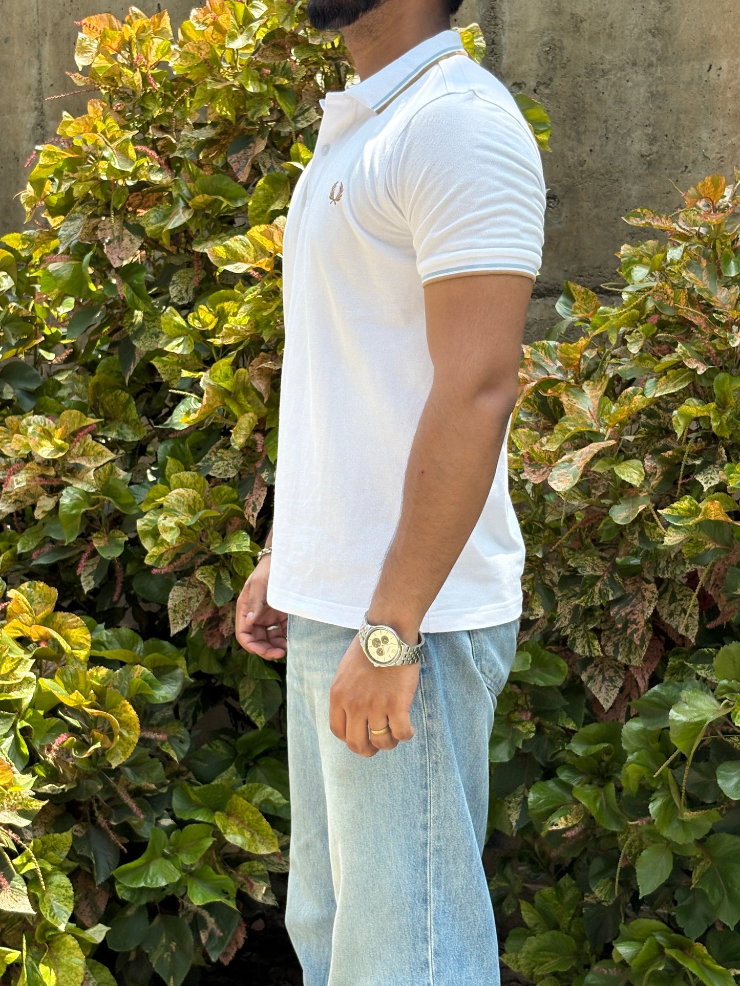 White Crest Polo – Gold & Sky Trim