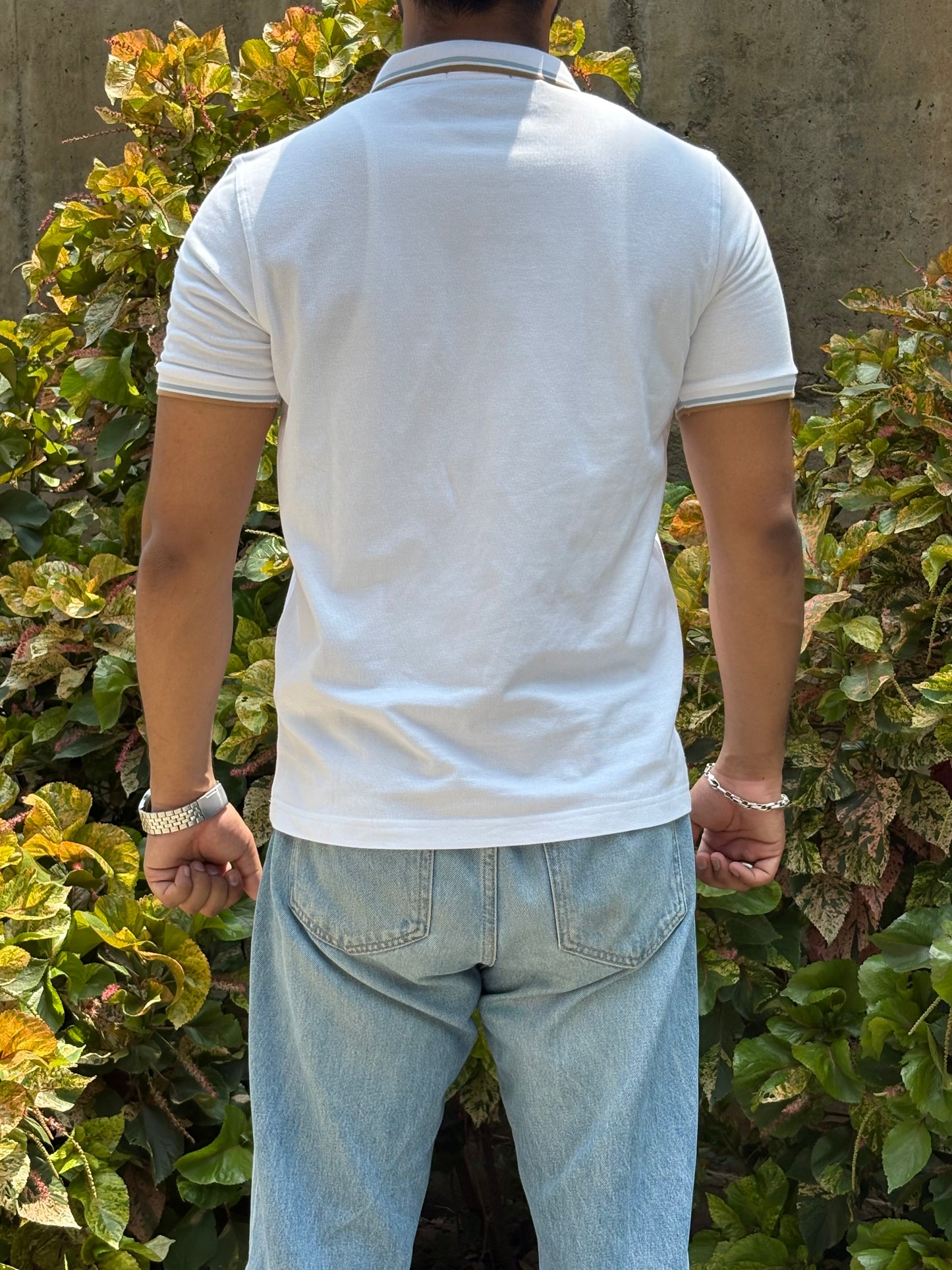 White Crest Polo – Gold & Sky Trim