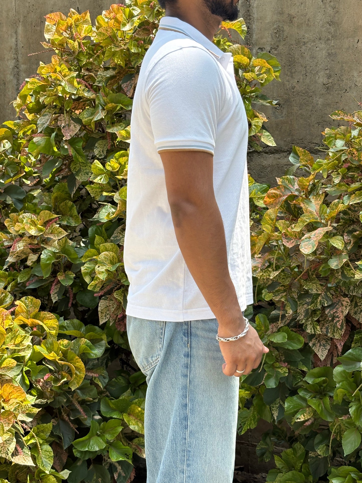 White Crest Polo – Gold & Sky Trim