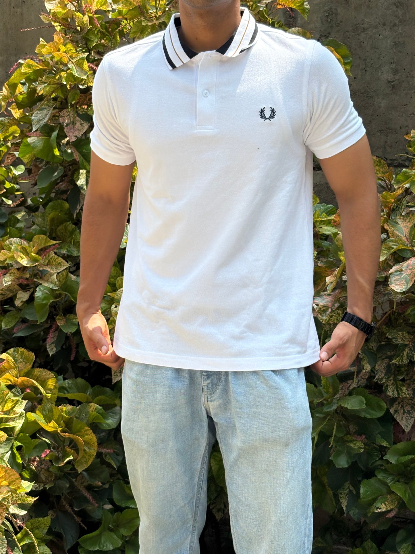 White Emblem Polo – Gold & Navy Trim
